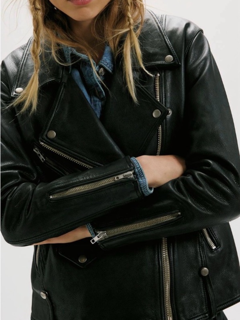 Free People WTF *$698* Jealousy Leather Moto Jacket Washed Black XS NWT - Picture 6 of 8